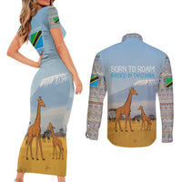 Tanzania Safari Giraffe Couples Matching Short Sleeve Bodycon Dress and Long Sleeve Button Shirt with Tribal Patterns and Mount Kilimanjaro Scene