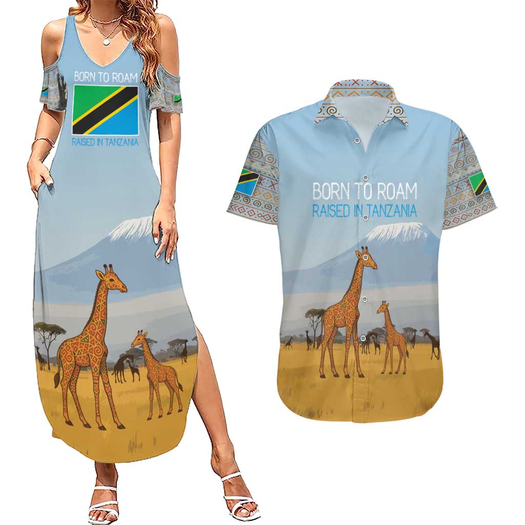 Tanzania Safari Giraffe Couples Matching Summer Maxi Dress and Hawaiian Shirt with Tribal Patterns and Mount Kilimanjaro Scene