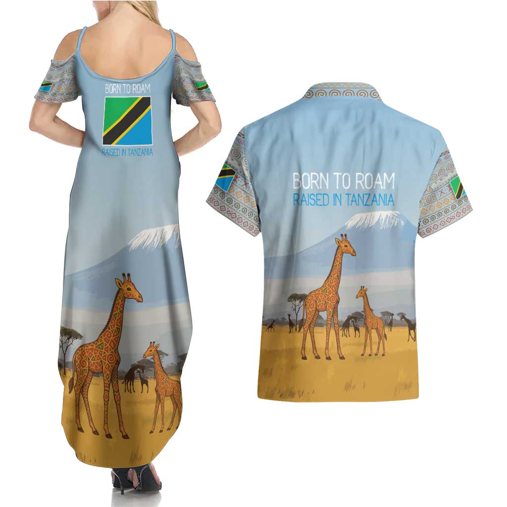 Tanzania Safari Giraffe Couples Matching Summer Maxi Dress and Hawaiian Shirt with Tribal Patterns and Mount Kilimanjaro Scene