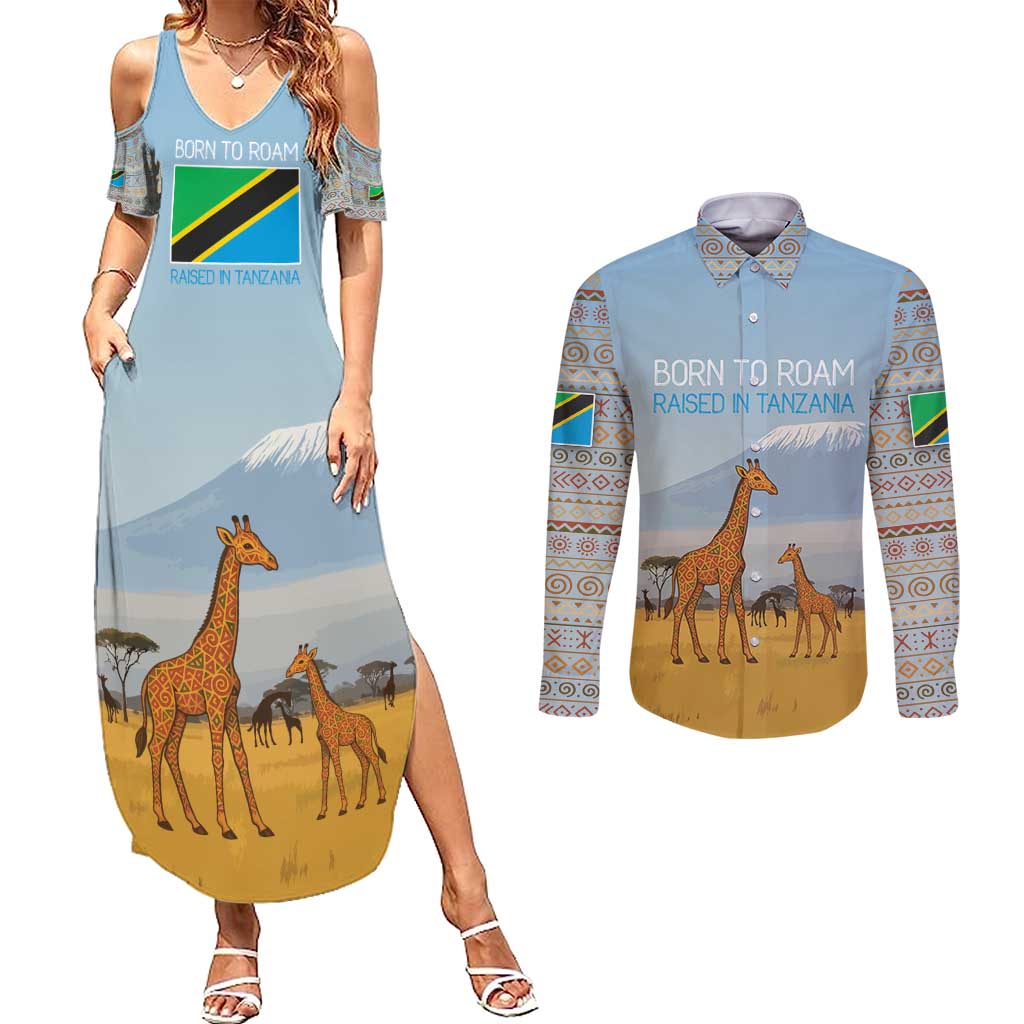 Tanzania Safari Giraffe Couples Matching Summer Maxi Dress and Long Sleeve Button Shirt with Tribal Patterns and Mount Kilimanjaro Scene