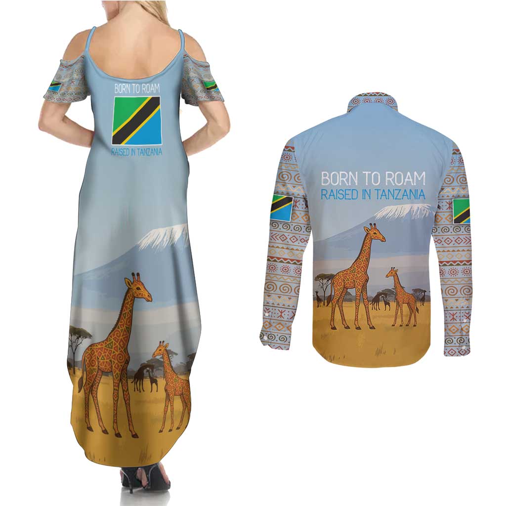Tanzania Safari Giraffe Couples Matching Summer Maxi Dress and Long Sleeve Button Shirt with Tribal Patterns and Mount Kilimanjaro Scene