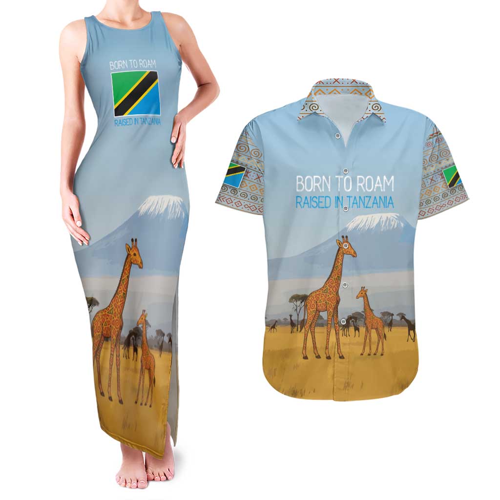 Tanzania Safari Giraffe Couples Matching Tank Maxi Dress and Hawaiian Shirt with Tribal Patterns and Mount Kilimanjaro Scene