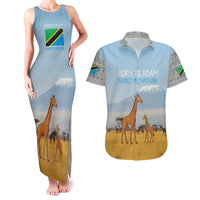 Tanzania Safari Giraffe Couples Matching Tank Maxi Dress and Hawaiian Shirt with Tribal Patterns and Mount Kilimanjaro Scene