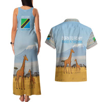 Tanzania Safari Giraffe Couples Matching Tank Maxi Dress and Hawaiian Shirt with Tribal Patterns and Mount Kilimanjaro Scene