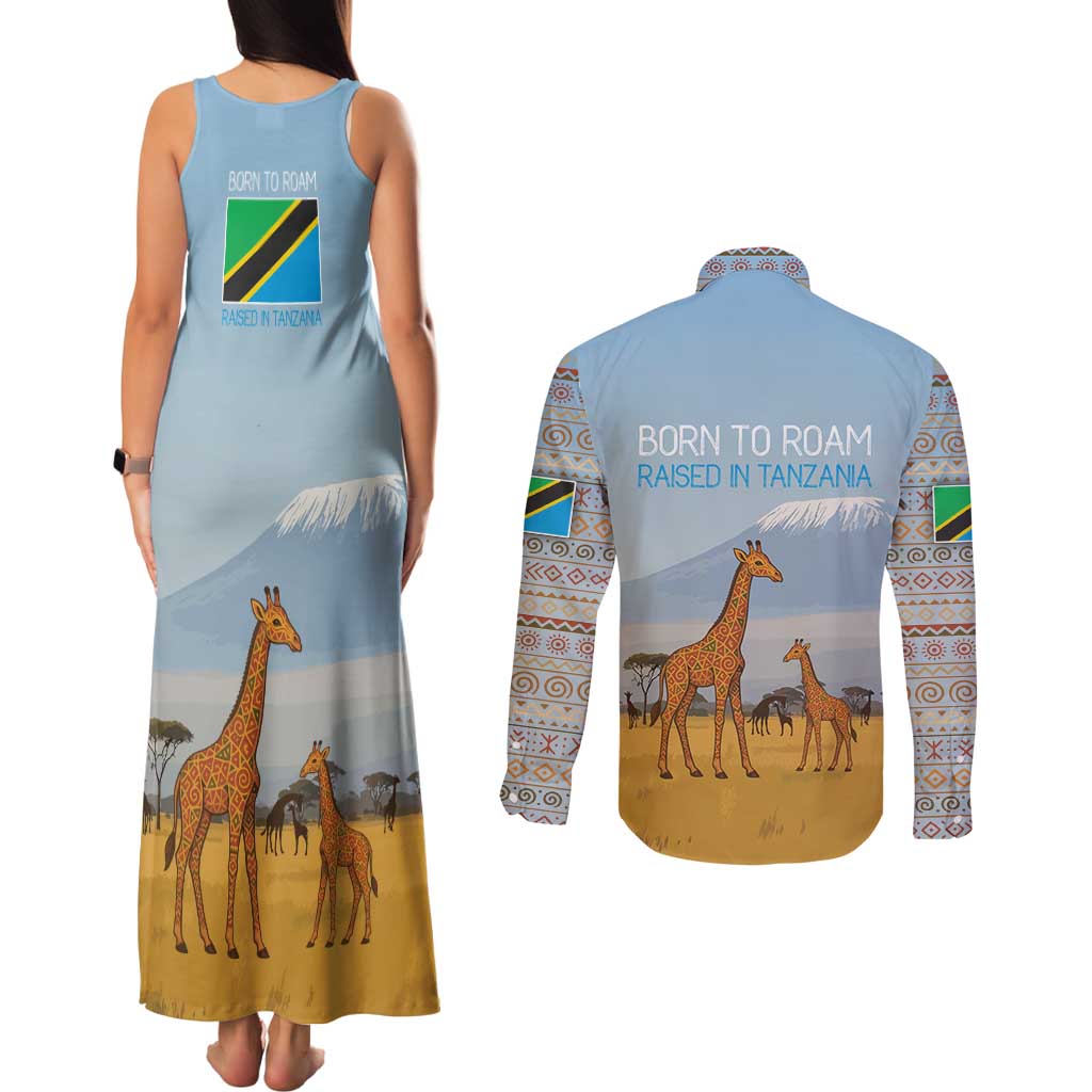 Tanzania Safari Giraffe Couples Matching Tank Maxi Dress and Long Sleeve Button Shirt with Tribal Patterns and Mount Kilimanjaro Scene