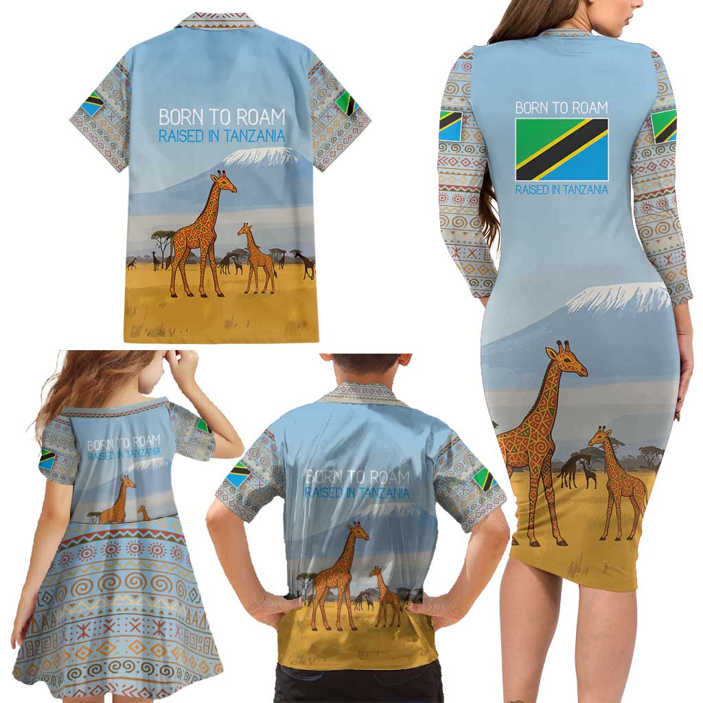 Tanzania Safari Giraffe Family Matching Long Sleeve Bodycon Dress and Hawaiian Shirt with Tribal Patterns and Mount Kilimanjaro Scene