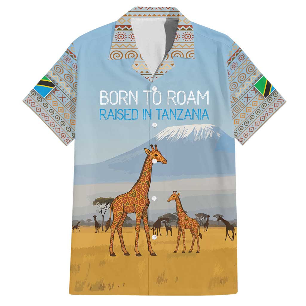 Tanzania Safari Giraffe Family Matching Long Sleeve Bodycon Dress and Hawaiian Shirt with Tribal Patterns and Mount Kilimanjaro Scene