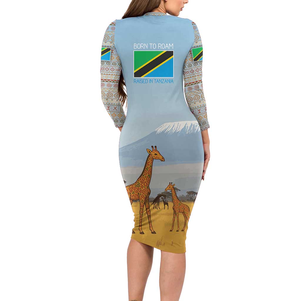 Tanzania Safari Giraffe Family Matching Long Sleeve Bodycon Dress and Hawaiian Shirt with Tribal Patterns and Mount Kilimanjaro Scene