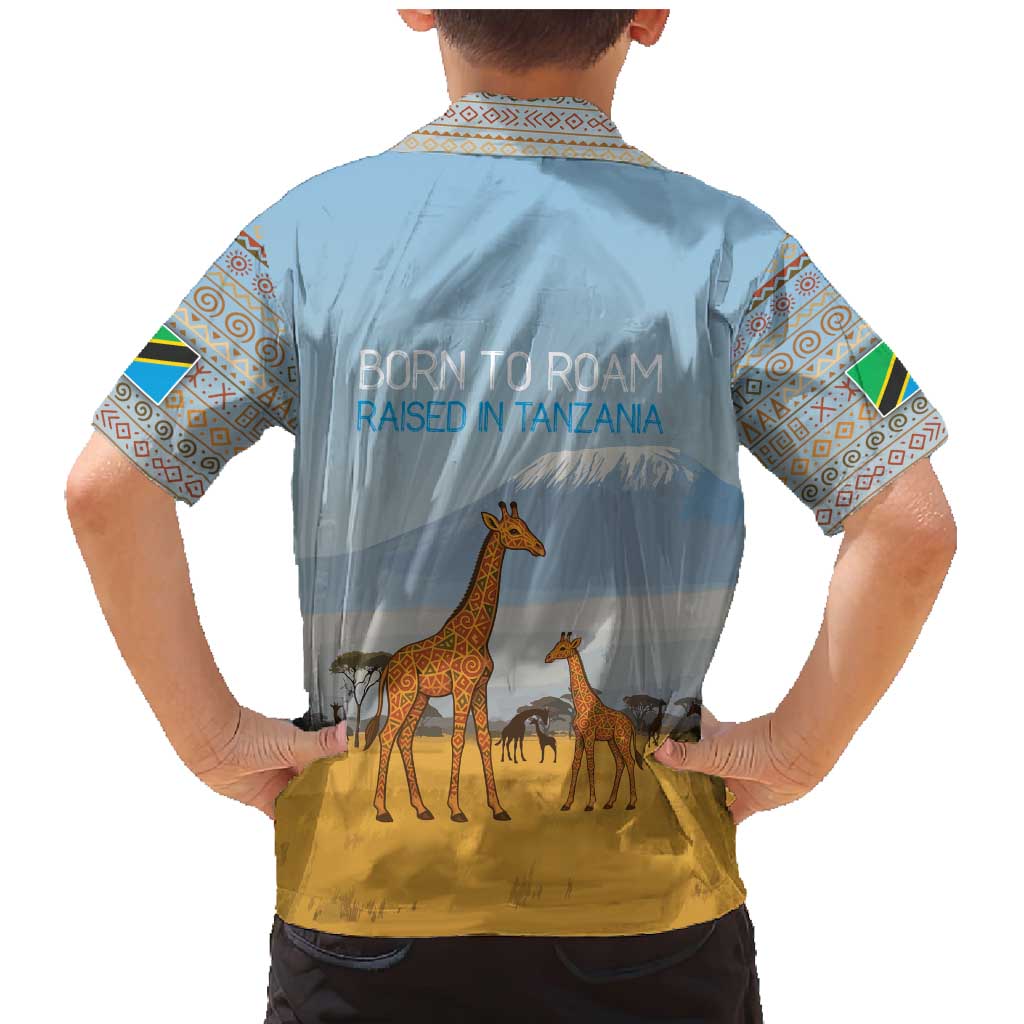Tanzania Safari Giraffe Family Matching Mermaid Dress and Hawaiian Shirt with Tribal Patterns and Mount Kilimanjaro Scene