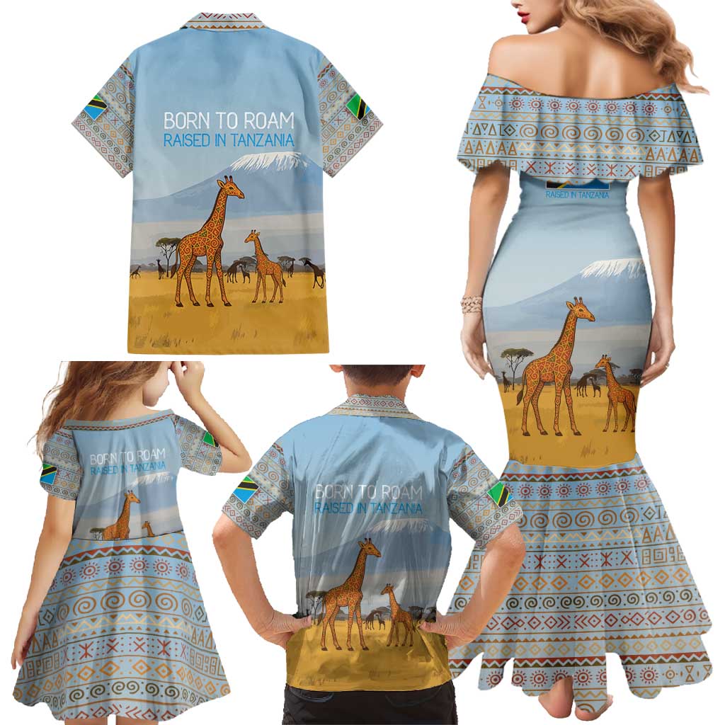 Tanzania Safari Giraffe Family Matching Mermaid Dress and Hawaiian Shirt with Tribal Patterns and Mount Kilimanjaro Scene