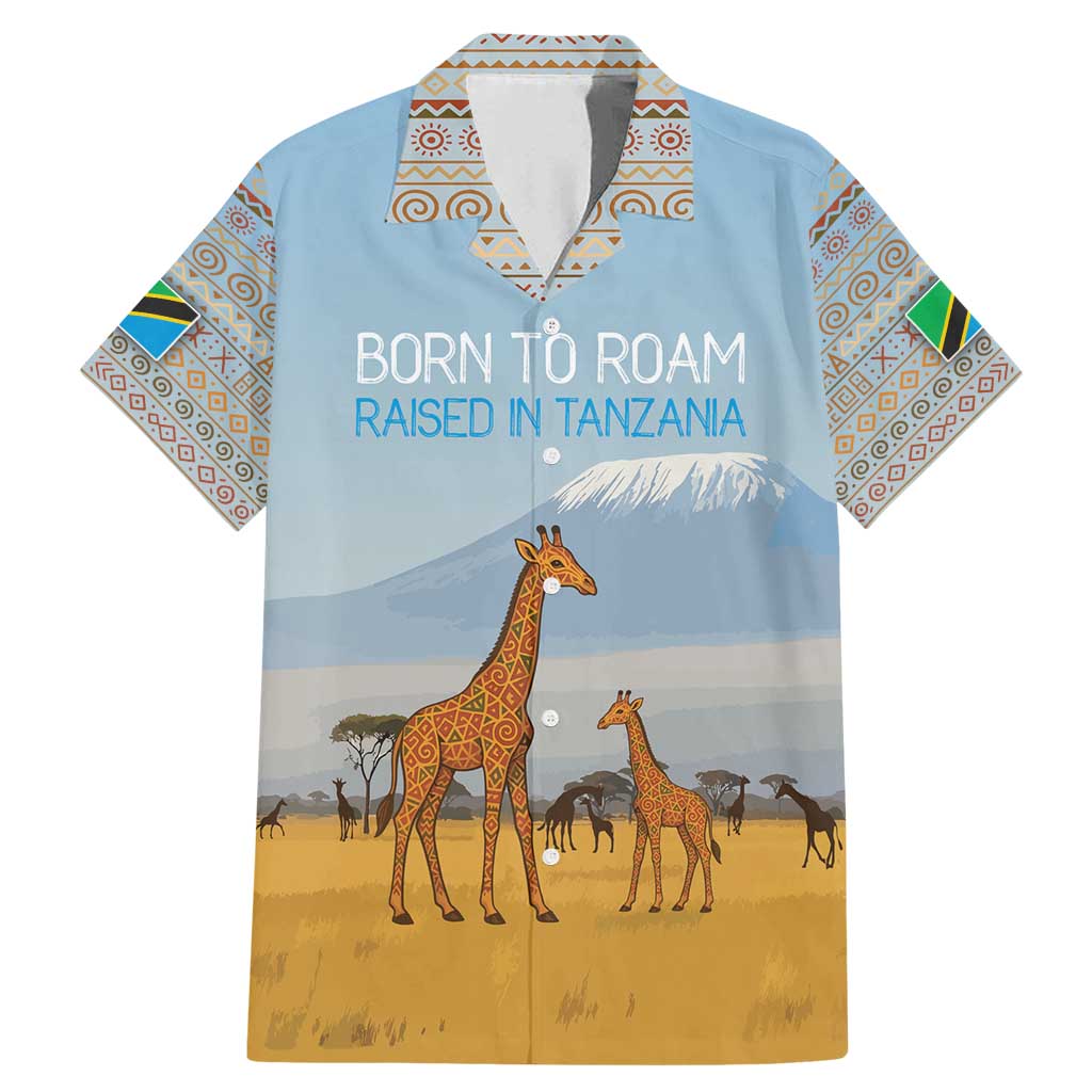Tanzania Safari Giraffe Family Matching Mermaid Dress and Hawaiian Shirt with Tribal Patterns and Mount Kilimanjaro Scene