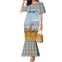 Tanzania Safari Giraffe Family Matching Mermaid Dress and Hawaiian Shirt with Tribal Patterns and Mount Kilimanjaro Scene