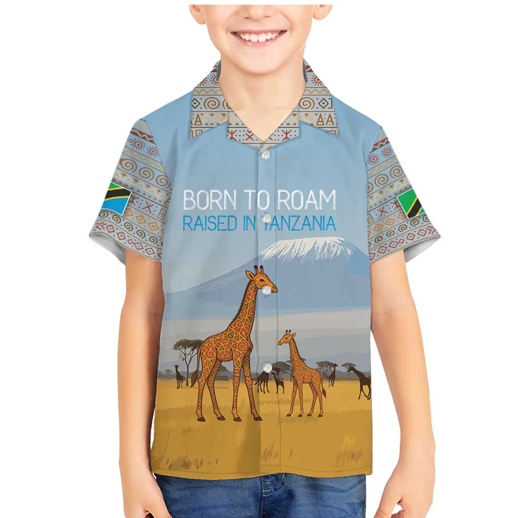 Tanzania Safari Giraffe Family Matching Mermaid Dress and Hawaiian Shirt with Tribal Patterns and Mount Kilimanjaro Scene