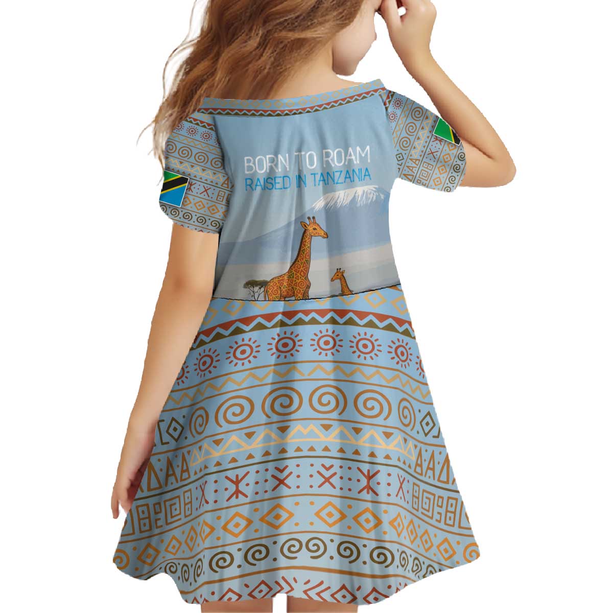 Tanzania Safari Giraffe Family Matching Off The Shoulder Long Sleeve Dress and Hawaiian Shirt with Tribal Patterns and Mount Kilimanjaro Scene