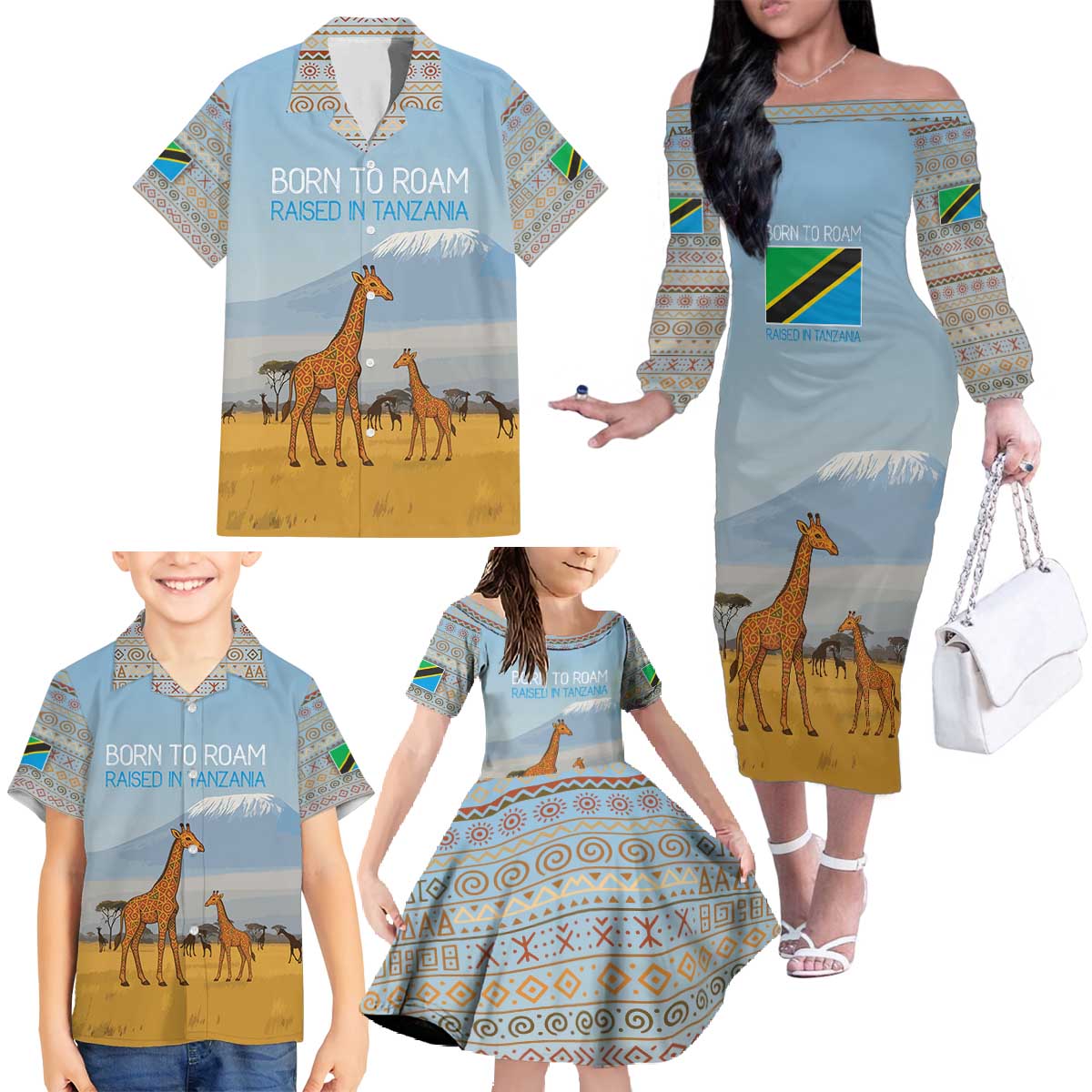 Tanzania Safari Giraffe Family Matching Off The Shoulder Long Sleeve Dress and Hawaiian Shirt with Tribal Patterns and Mount Kilimanjaro Scene