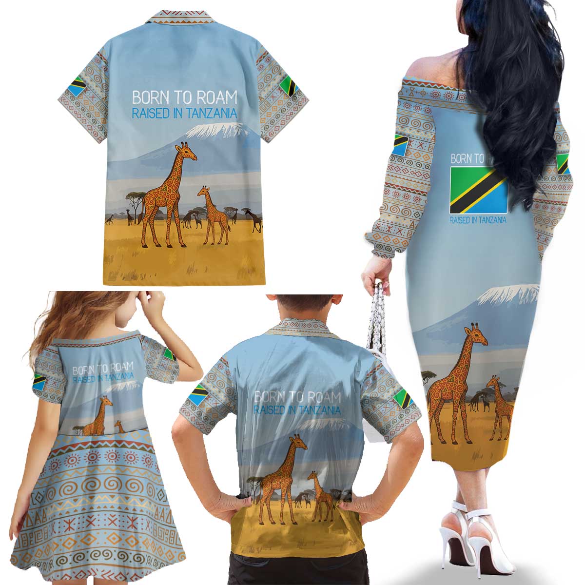 Tanzania Safari Giraffe Family Matching Off The Shoulder Long Sleeve Dress and Hawaiian Shirt with Tribal Patterns and Mount Kilimanjaro Scene