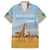 Tanzania Safari Giraffe Family Matching Off The Shoulder Long Sleeve Dress and Hawaiian Shirt with Tribal Patterns and Mount Kilimanjaro Scene