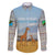 Tanzania Safari Giraffe Family Matching Off The Shoulder Long Sleeve Dress and Hawaiian Shirt with Tribal Patterns and Mount Kilimanjaro Scene