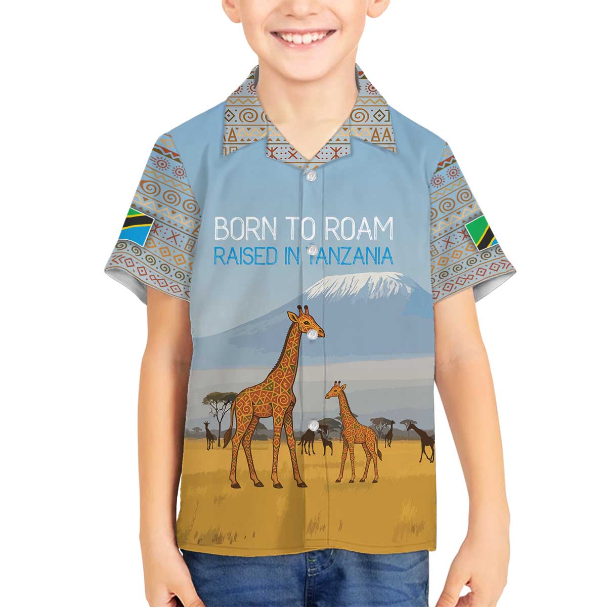 Tanzania Safari Giraffe Family Matching Off The Shoulder Long Sleeve Dress and Hawaiian Shirt with Tribal Patterns and Mount Kilimanjaro Scene