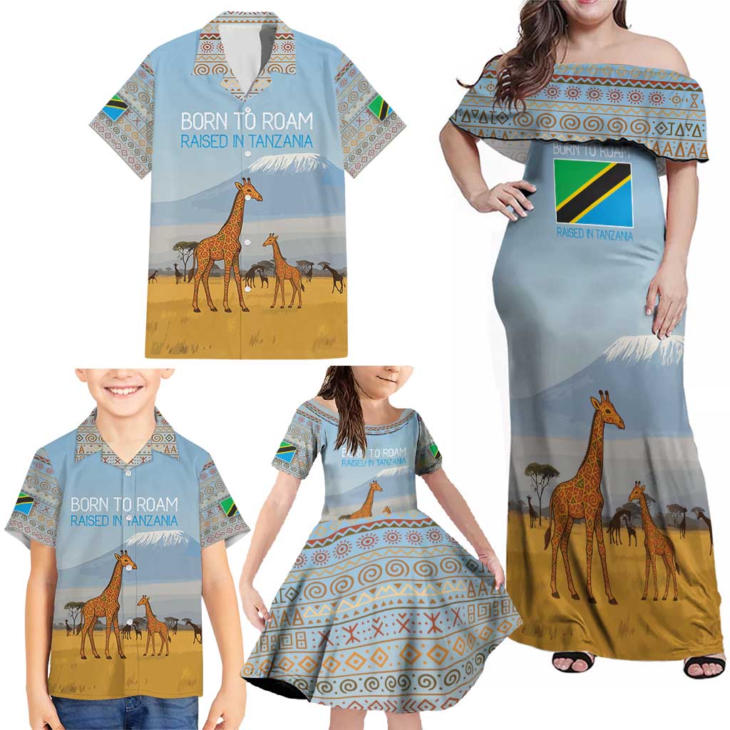 Tanzania Safari Giraffe Family Matching Off Shoulder Maxi Dress and Hawaiian Shirt with Tribal Patterns and Mount Kilimanjaro Scene
