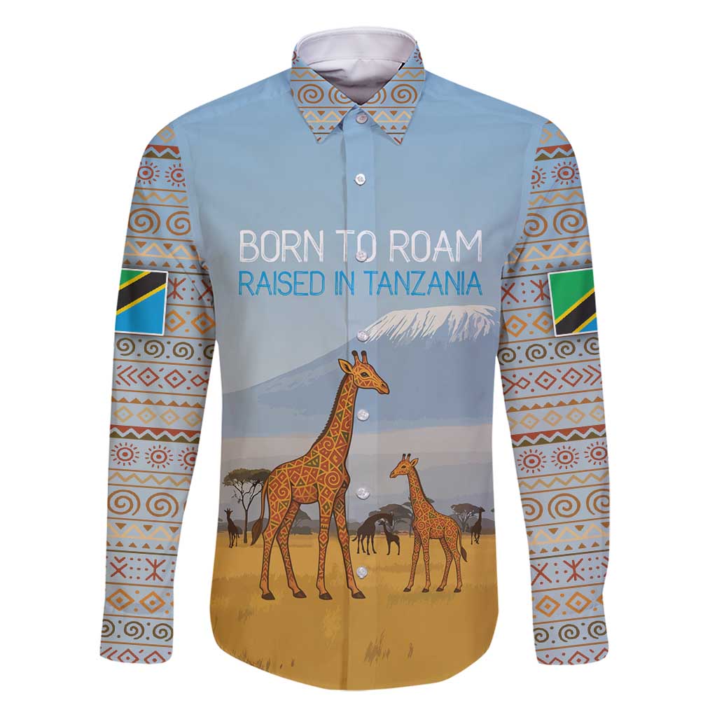 Tanzania Safari Giraffe Family Matching Off Shoulder Short Dress and Hawaiian Shirt with Tribal Patterns and Mount Kilimanjaro Scene