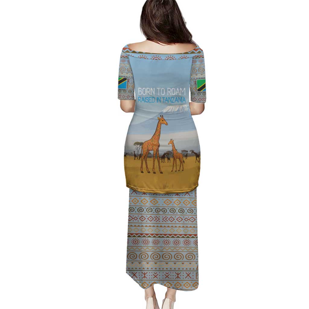 Tanzania Safari Giraffe Family Matching Puletasi and Hawaiian Shirt with Tribal Patterns and Mount Kilimanjaro Scene