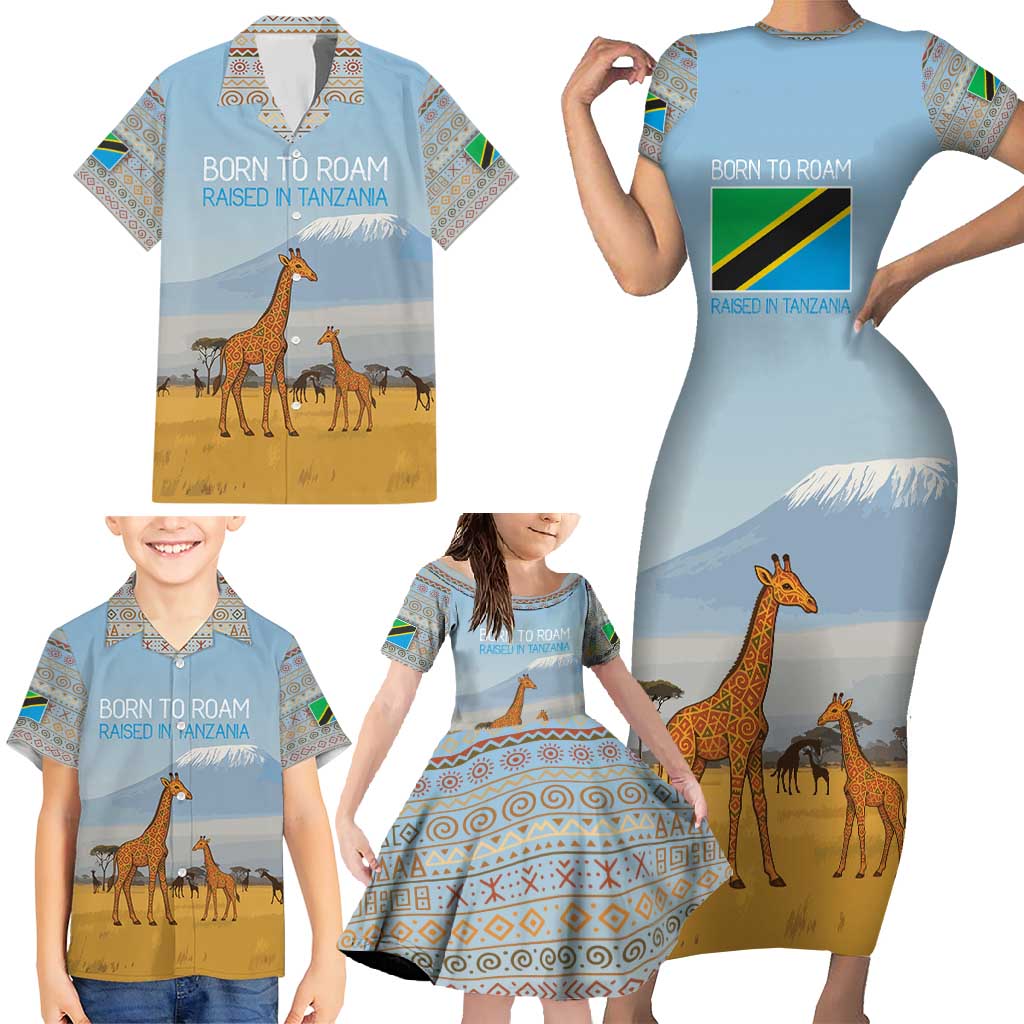 Tanzania Safari Giraffe Family Matching Short Sleeve Bodycon Dress and Hawaiian Shirt with Tribal Patterns and Mount Kilimanjaro Scene