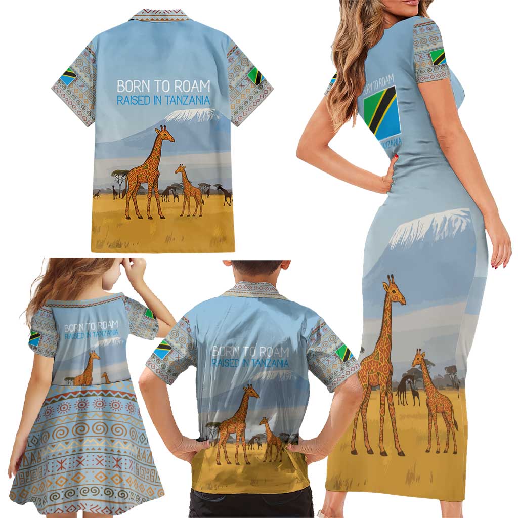 Tanzania Safari Giraffe Family Matching Short Sleeve Bodycon Dress and Hawaiian Shirt with Tribal Patterns and Mount Kilimanjaro Scene