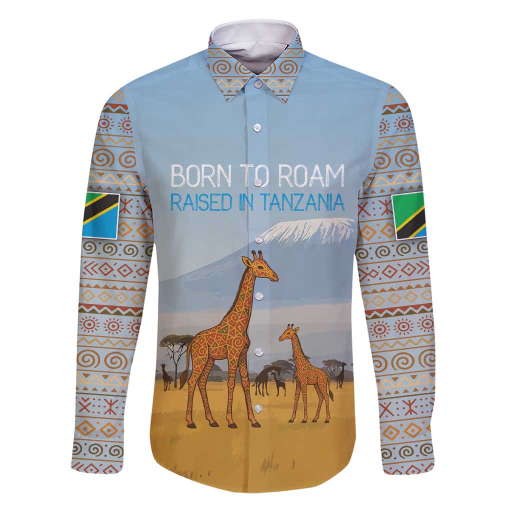 Tanzania Safari Giraffe Family Matching Short Sleeve Bodycon Dress and Hawaiian Shirt with Tribal Patterns and Mount Kilimanjaro Scene