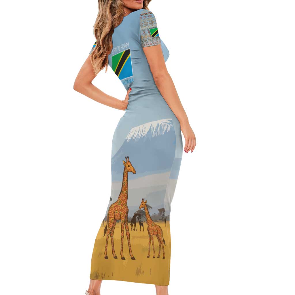 Tanzania Safari Giraffe Family Matching Short Sleeve Bodycon Dress and Hawaiian Shirt with Tribal Patterns and Mount Kilimanjaro Scene