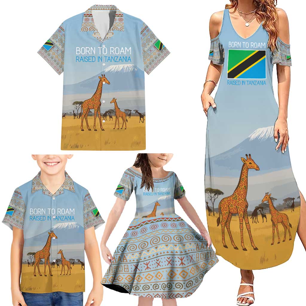 Tanzania Safari Giraffe Family Matching Summer Maxi Dress and Hawaiian Shirt with Tribal Patterns and Mount Kilimanjaro Scene