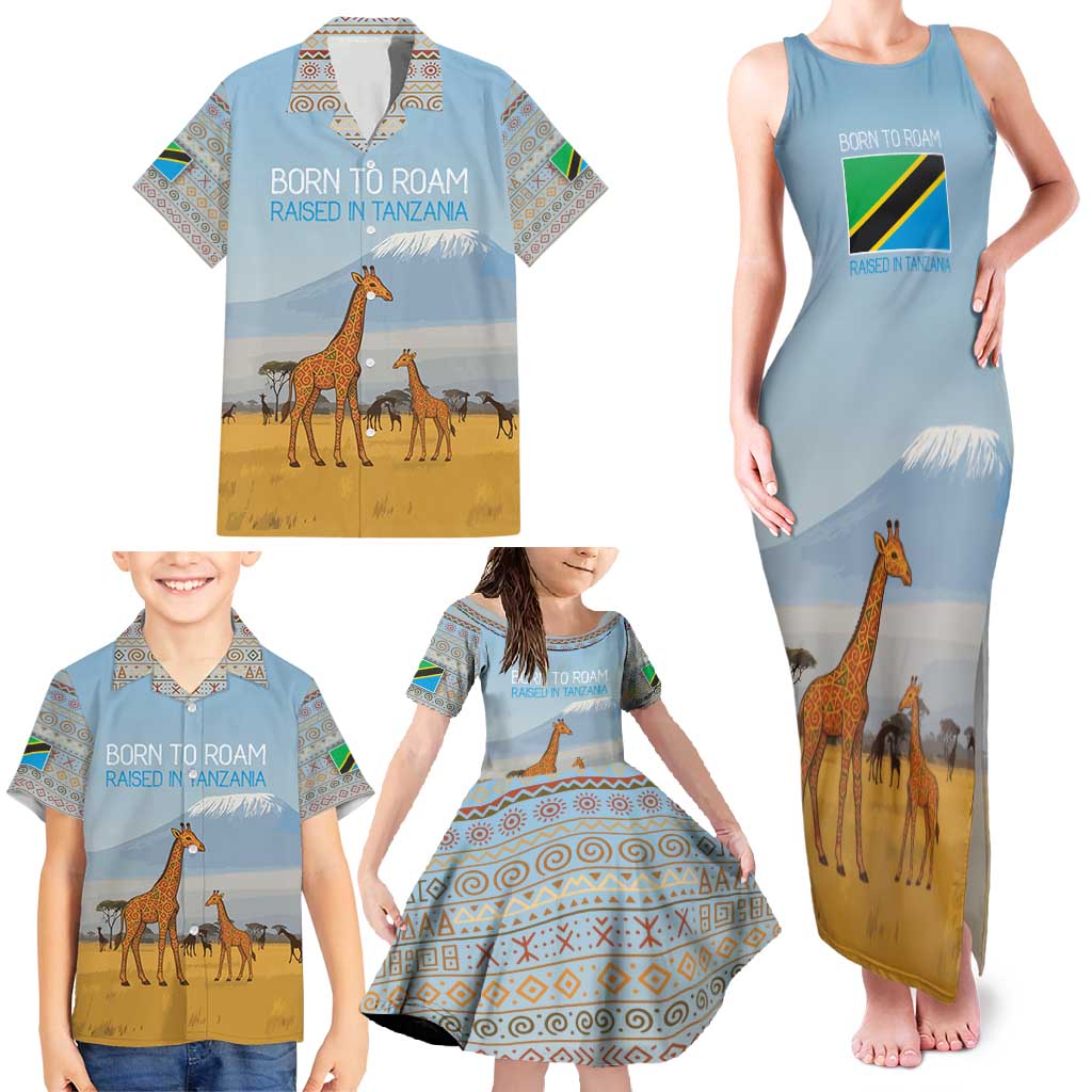Tanzania Safari Giraffe Family Matching Tank Maxi Dress and Hawaiian Shirt with Tribal Patterns and Mount Kilimanjaro Scene