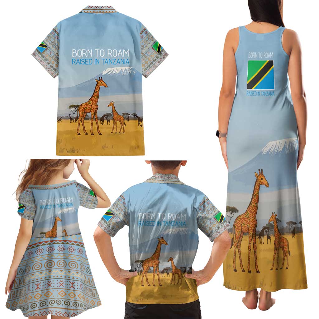 Tanzania Safari Giraffe Family Matching Tank Maxi Dress and Hawaiian Shirt with Tribal Patterns and Mount Kilimanjaro Scene