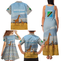 Tanzania Safari Giraffe Family Matching Tank Maxi Dress and Hawaiian Shirt with Tribal Patterns and Mount Kilimanjaro Scene