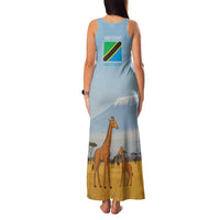 Tanzania Safari Giraffe Family Matching Tank Maxi Dress and Hawaiian Shirt with Tribal Patterns and Mount Kilimanjaro Scene