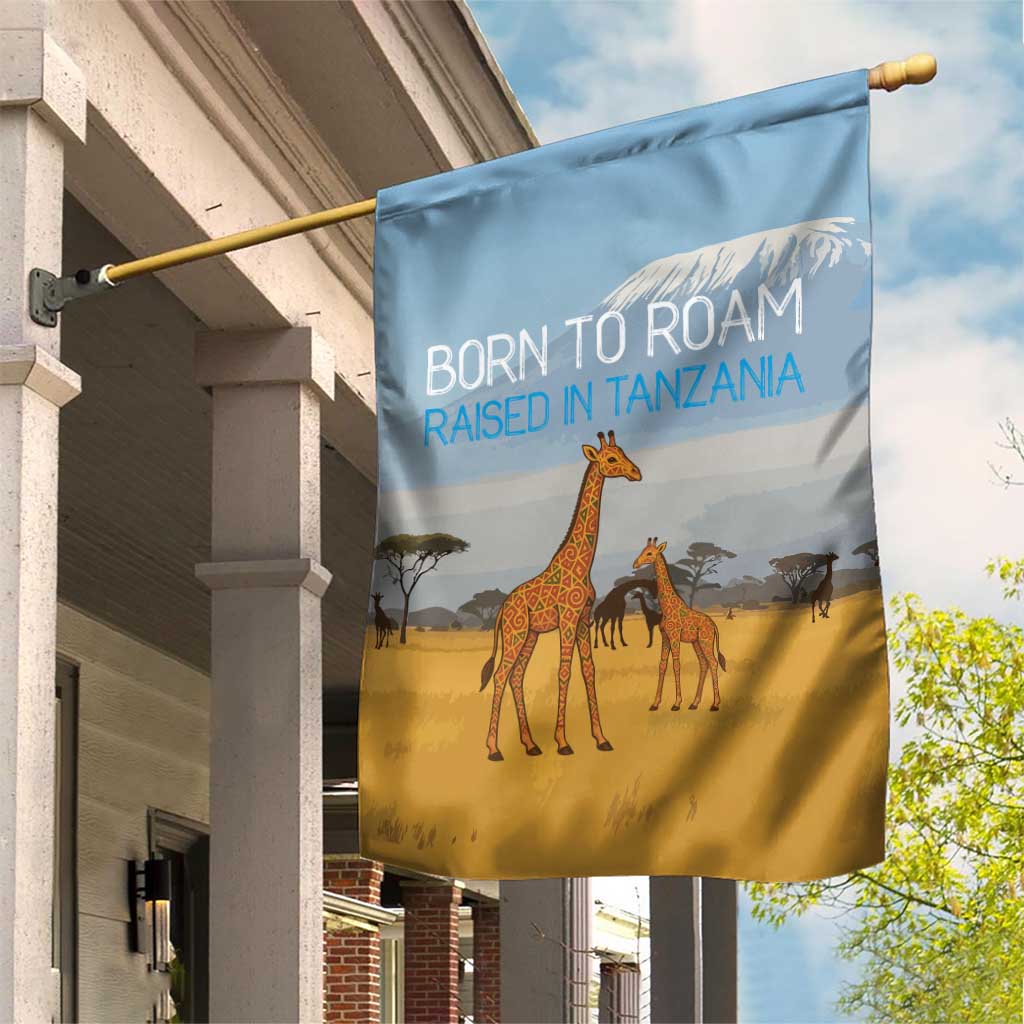 Tanzania Safari Giraffe Garden Flag with Tribal Patterns and Mount Kilimanjaro Scene