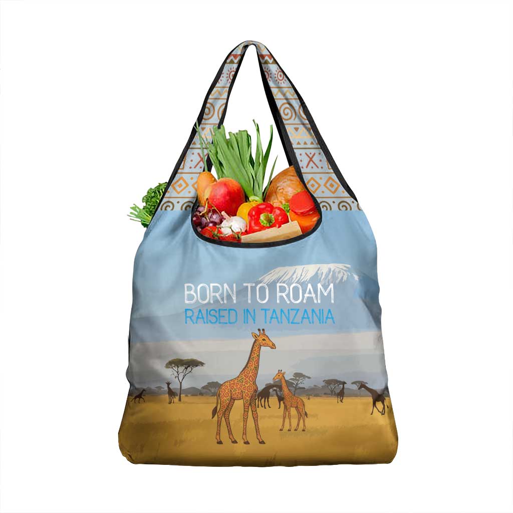 Tanzania Safari Giraffe Grocery Bag with Tribal Patterns and Mount Kilimanjaro Scene