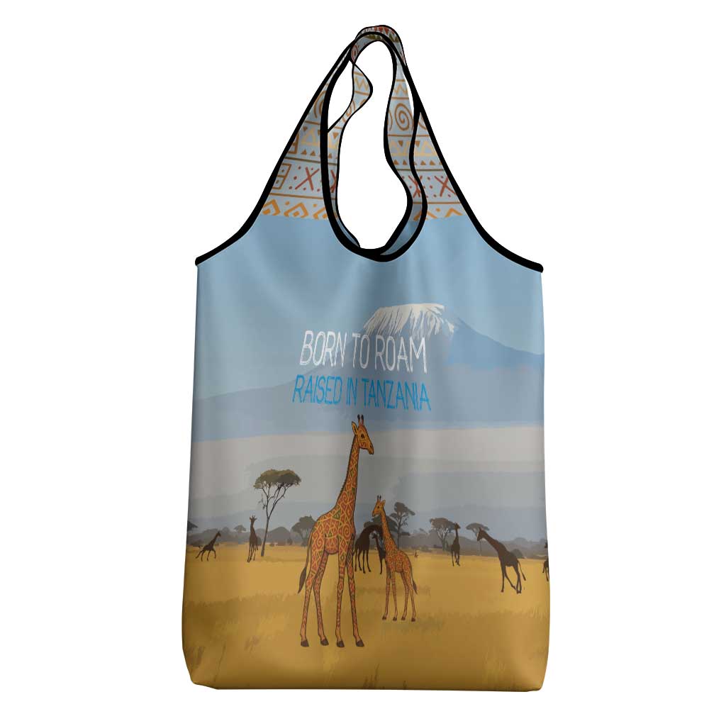 Tanzania Safari Giraffe Grocery Bag with Tribal Patterns and Mount Kilimanjaro Scene