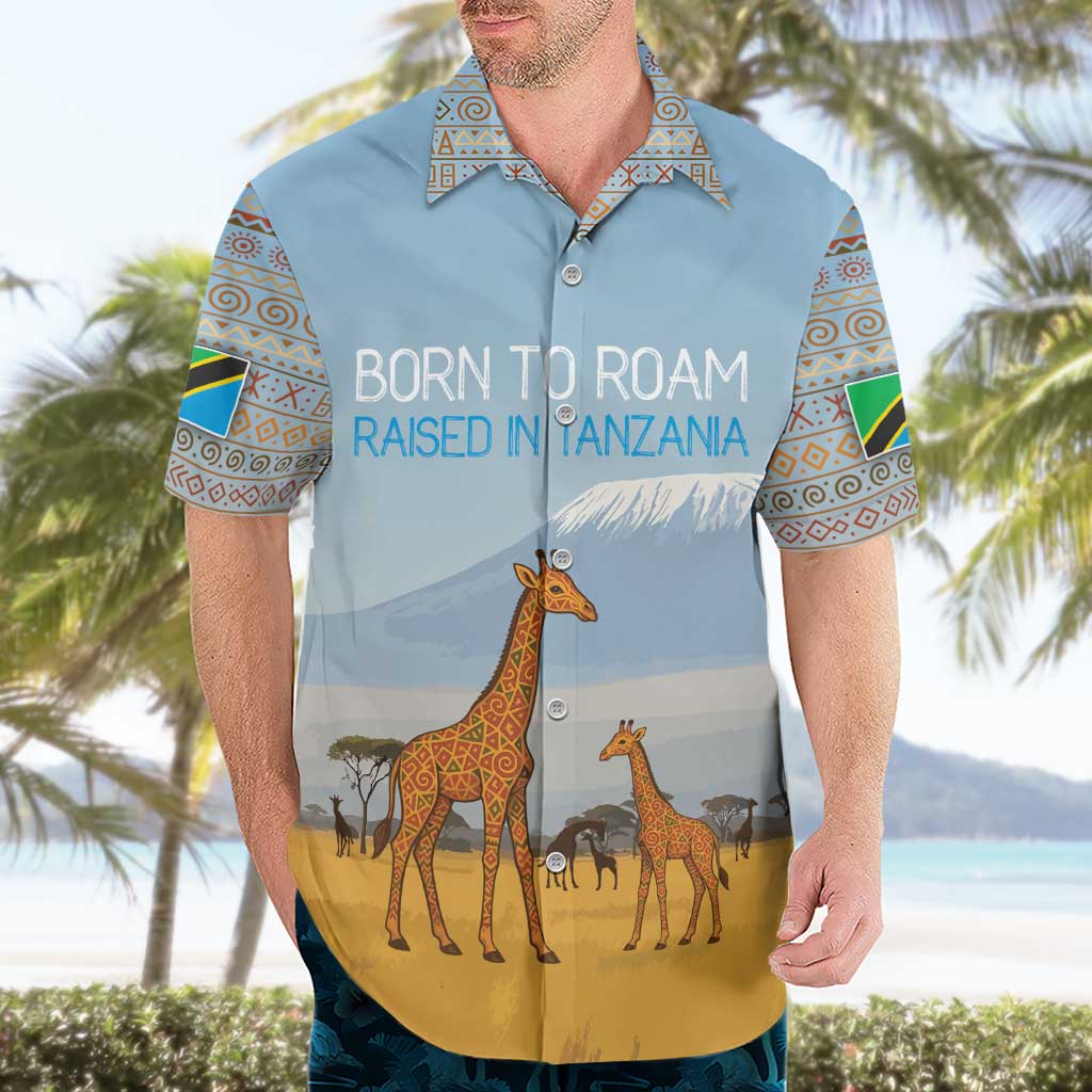 Tanzania Safari Giraffe Hawaiian Shirt with Tribal Patterns and Mount Kilimanjaro Scene