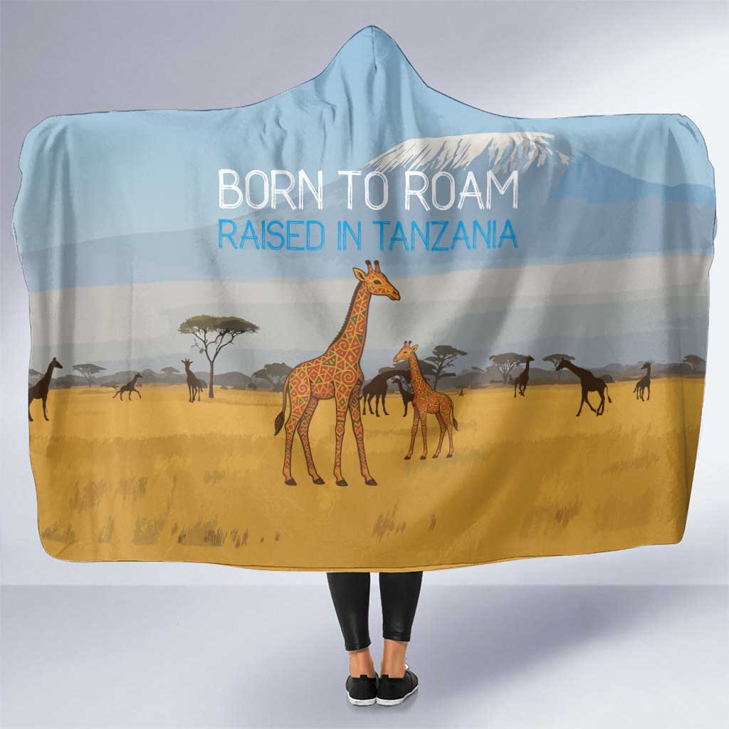 Tanzania Safari Giraffe Hooded Blanket with Tribal Patterns and Mount Kilimanjaro Scene