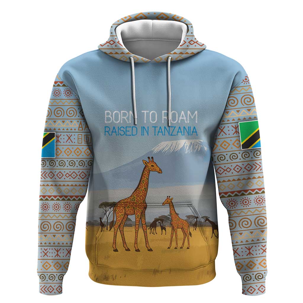 Tanzania Safari Giraffe Hoodie with Tribal Patterns and Mount Kilimanjaro Scene