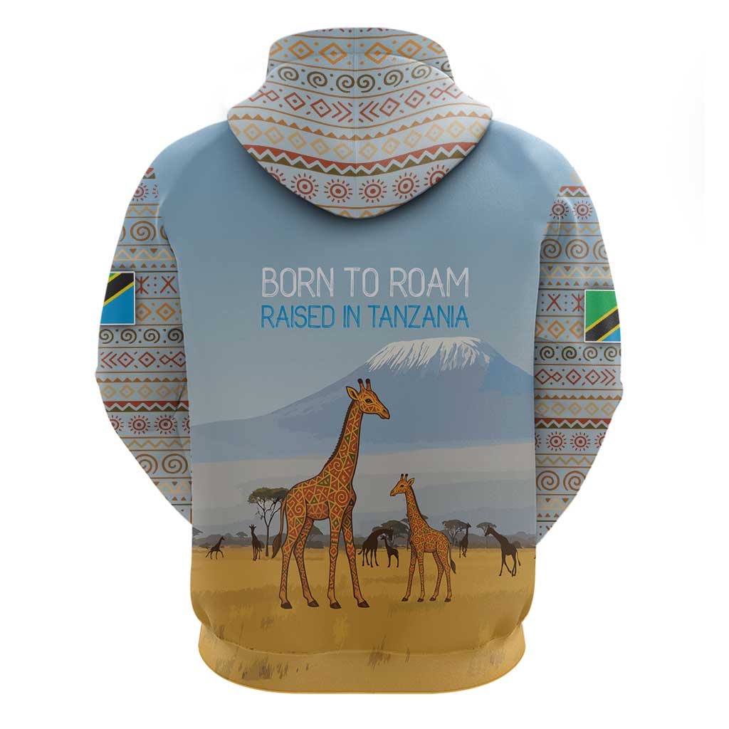 Tanzania Safari Giraffe Hoodie with Tribal Patterns and Mount Kilimanjaro Scene
