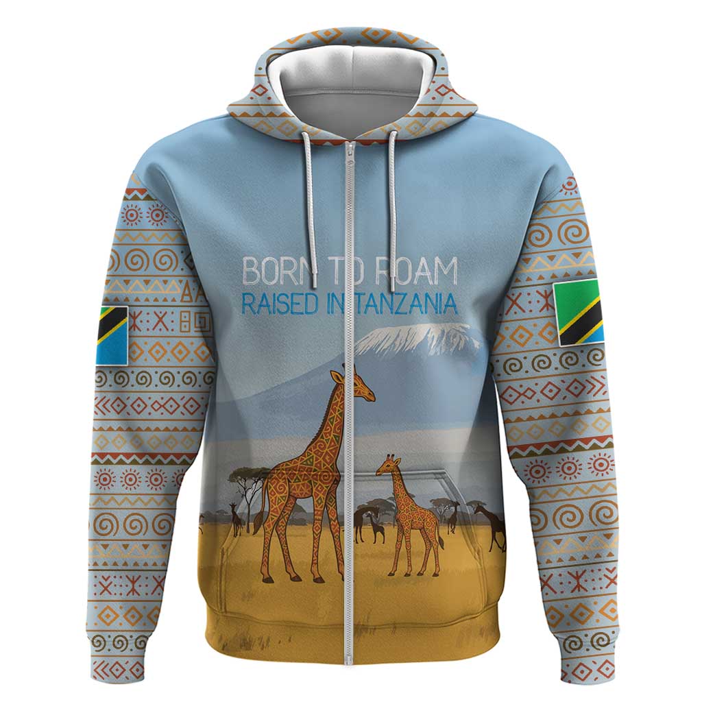Tanzania Safari Giraffe Hoodie with Tribal Patterns and Mount Kilimanjaro Scene