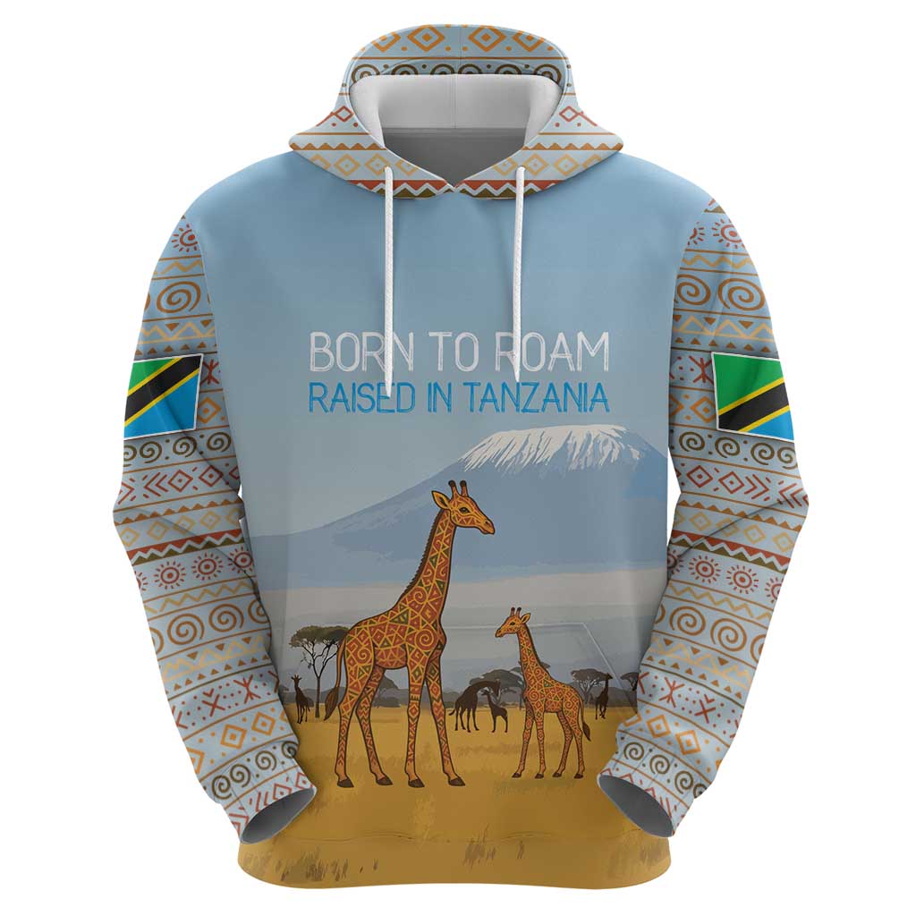 Tanzania Safari Giraffe Hoodie with Tribal Patterns and Mount Kilimanjaro Scene