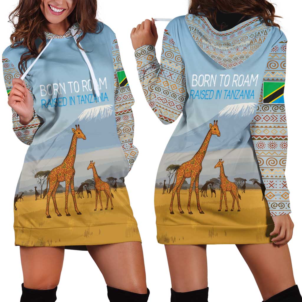 Tanzania Safari Giraffe Hoodie Dress with Tribal Patterns and Mount Kilimanjaro Scene