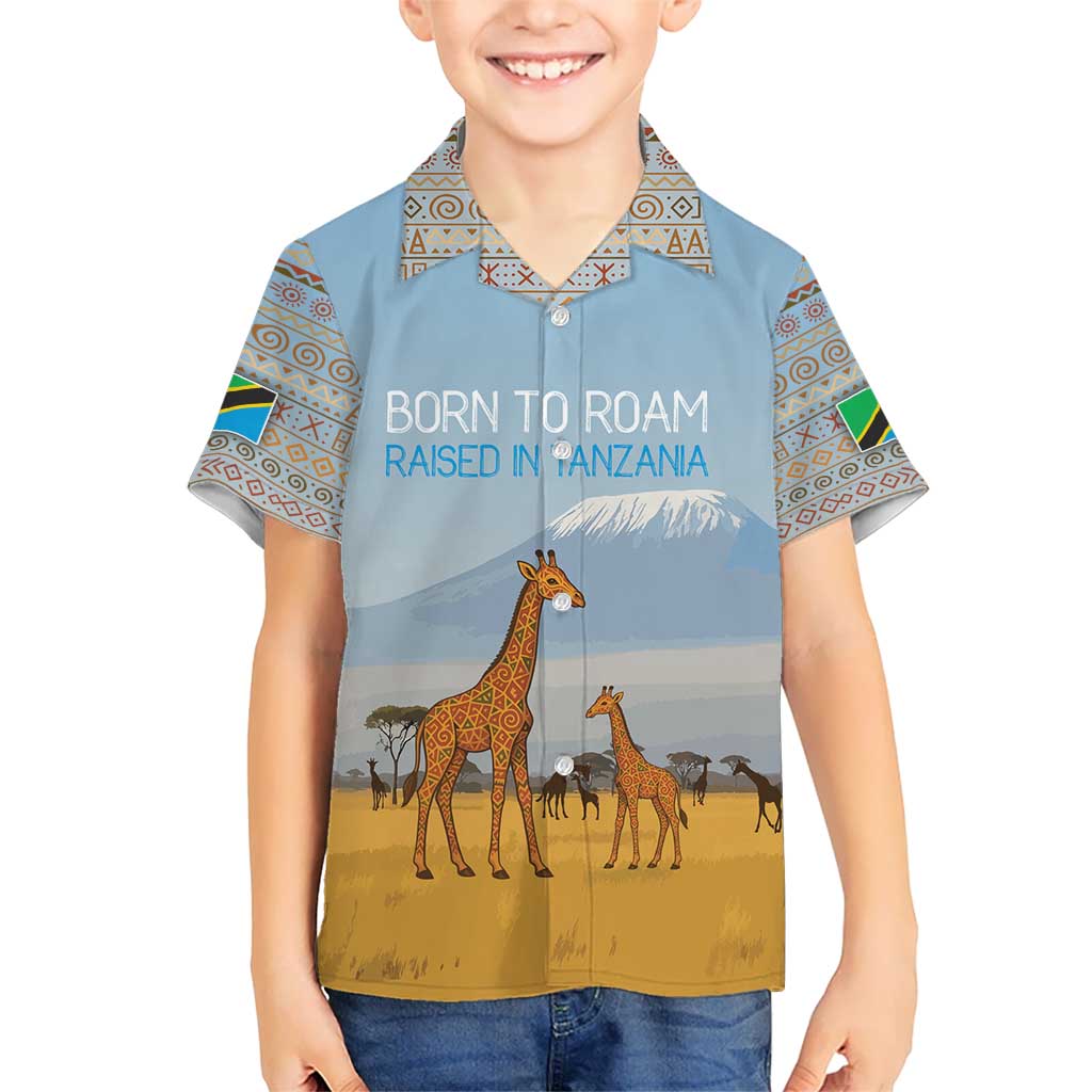 Tanzania Safari Giraffe Kid Hawaiian Shirt with Tribal Patterns and Mount Kilimanjaro Scene
