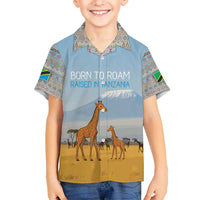 Tanzania Safari Giraffe Kid Hawaiian Shirt with Tribal Patterns and Mount Kilimanjaro Scene