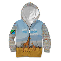 Tanzania Safari Giraffe Kid Hoodie with Tribal Patterns and Mount Kilimanjaro Scene