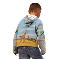 Tanzania Safari Giraffe Kid Hoodie with Tribal Patterns and Mount Kilimanjaro Scene