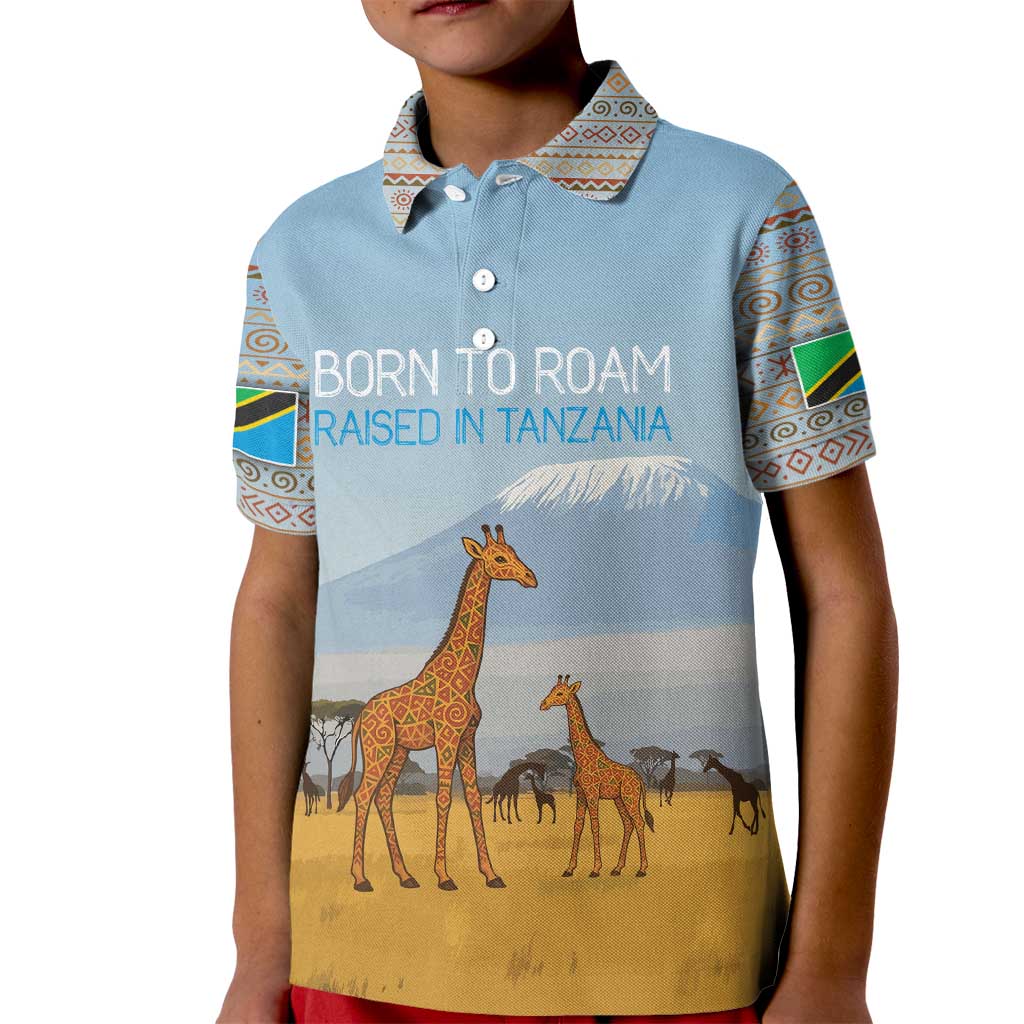 Tanzania Safari Giraffe Kid Polo Shirt with Tribal Patterns and Mount Kilimanjaro Scene